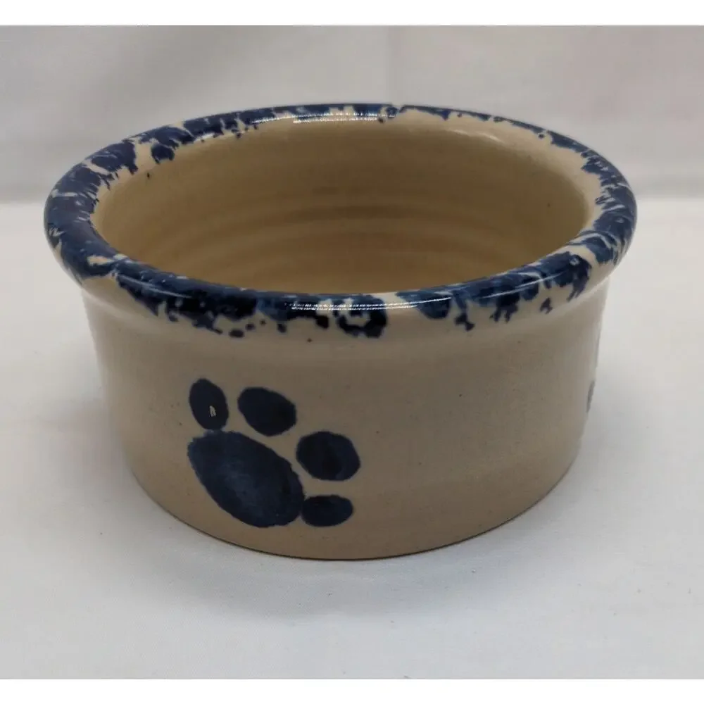 Yesteryears Hand Turned Stoneware Dog Bowl Signed Blue Pawprints USA Vintage